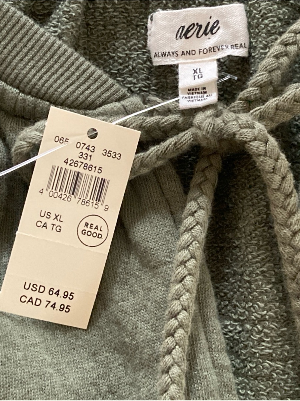 NWT aerie Sage Green Tie-Neck oversized sweatshirt women’s XL cotton - Picture 5 of 6